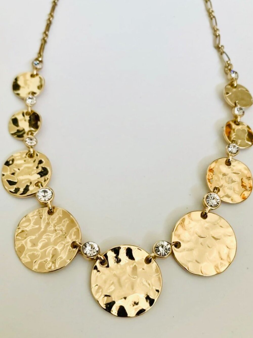 Hammered Gold Disc Necklace with Crystal Accents